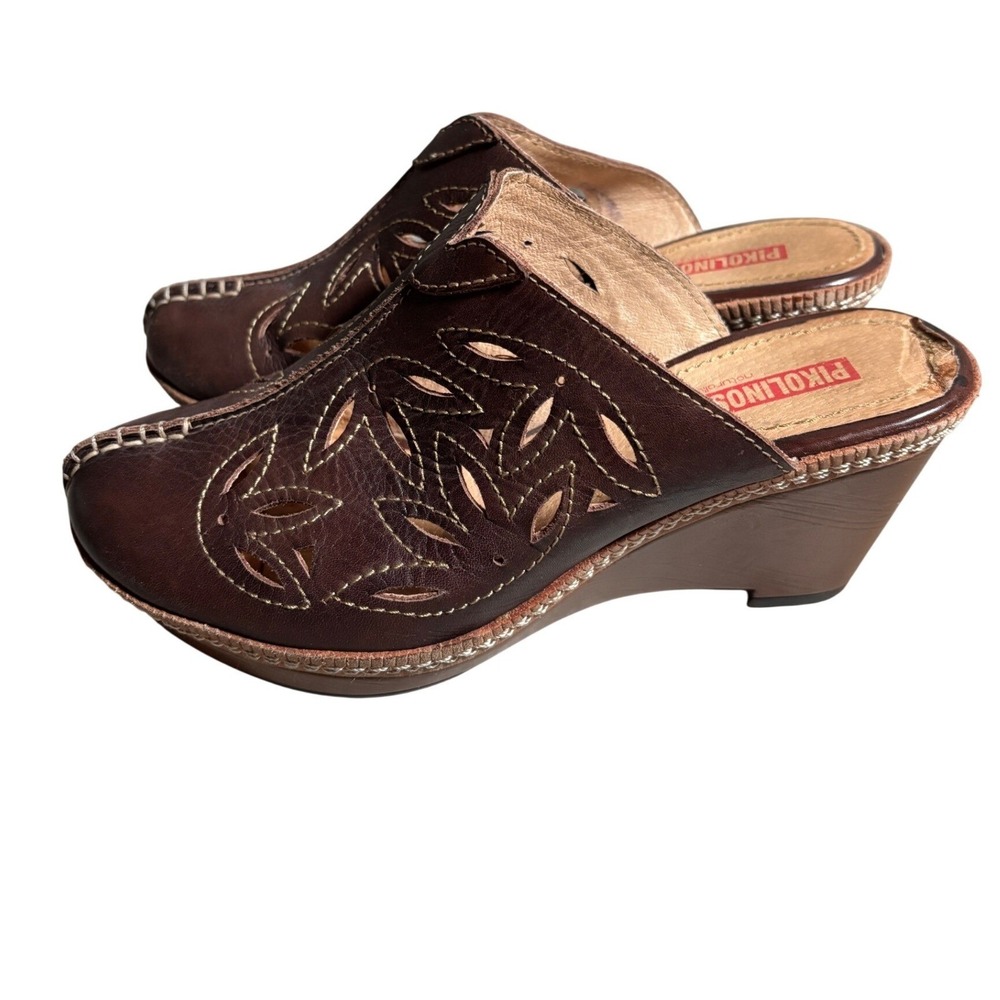 Pikolinos 7.5 Leather Laser Cut Wedge Mules Clogs Spain Fairycore Boho Festival